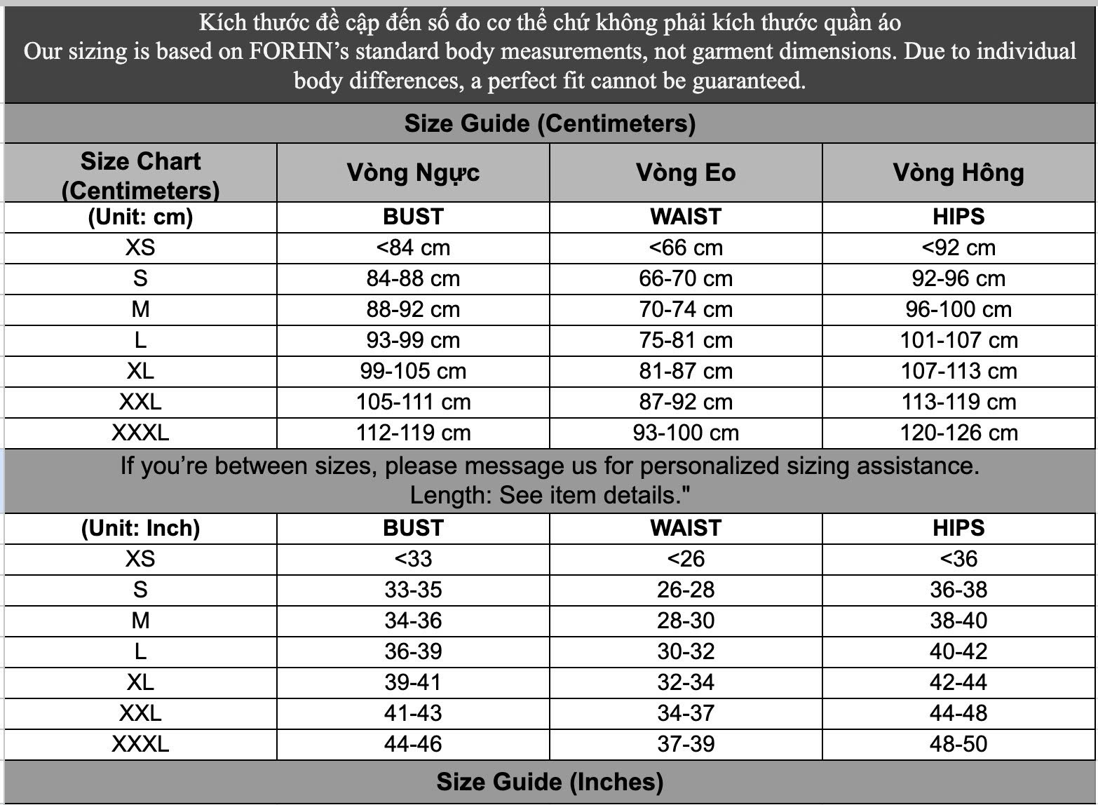 Bảng size mới